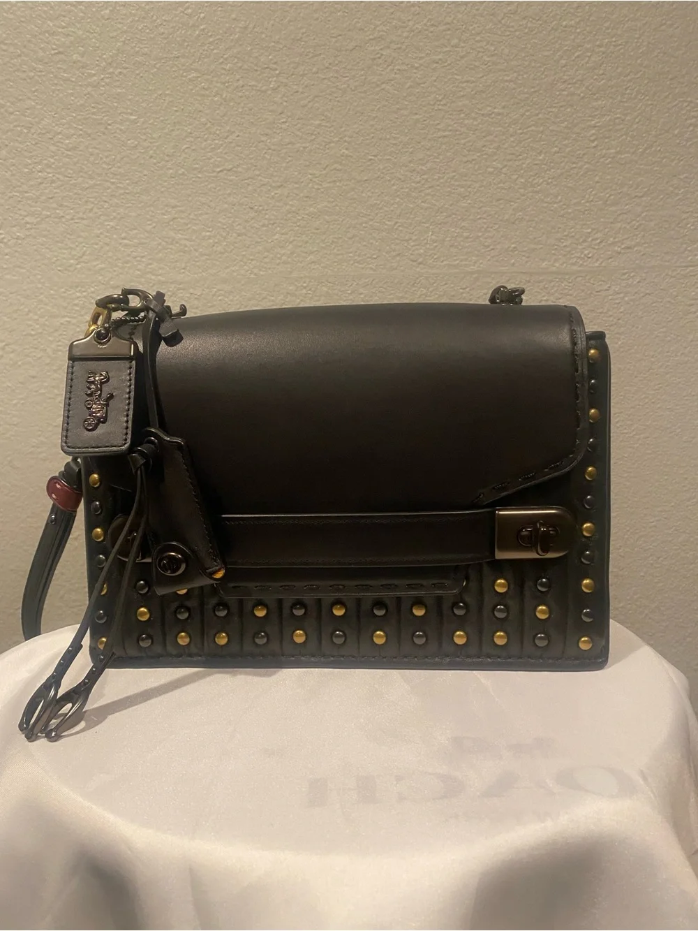 Coach Black Leather Studded Shoulder Bag with Gold Accents